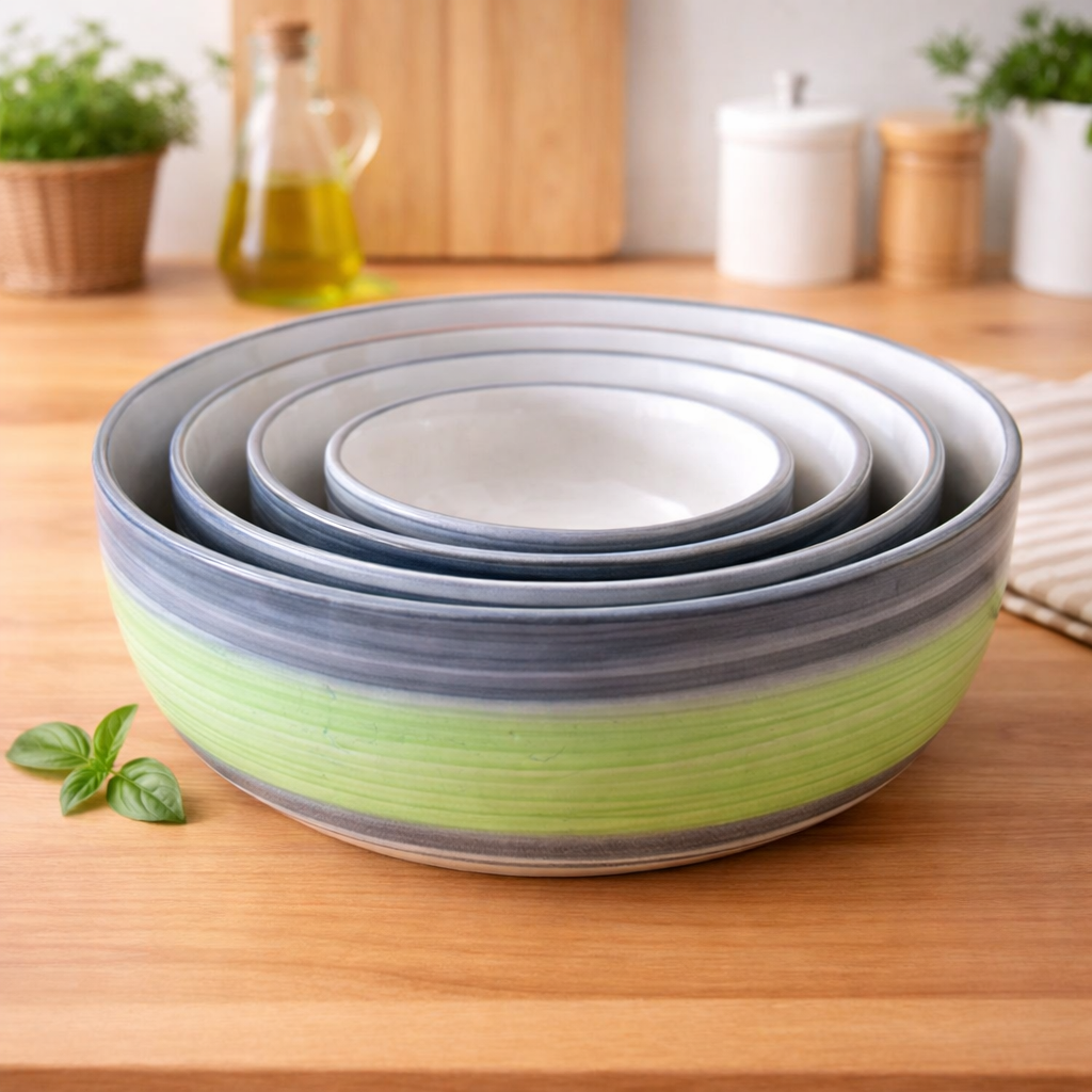 Kunhar Ceramic Mixing Bowl Set – 4 Pieces (1000ml, 750ml, 500ml, 300ml), Green Gray – Durable, Microwave & Dishwasher Safe – Ideal for Mixing, Serving & Storage